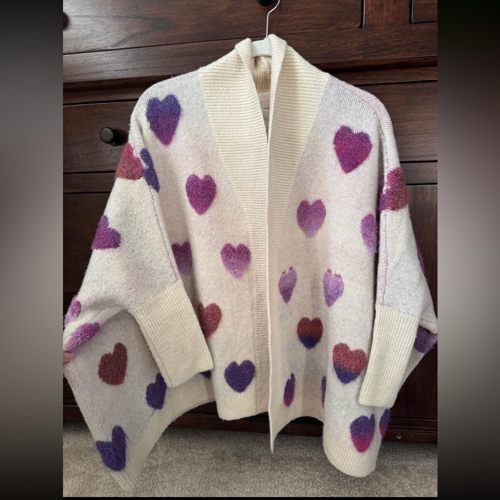 Anthropologie Cream Cardigan with Purple and Pink Hearts